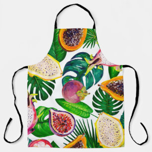 Delantal Hojas tropicales, frutas, gouache sin costura.