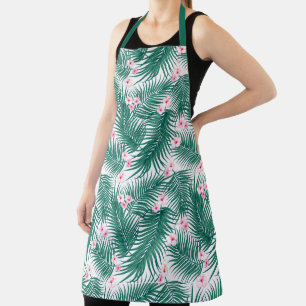 Delantal Hojas tropicales verdes con flores de hibiscus