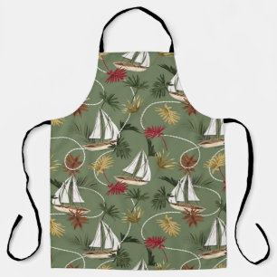 Delantal Hojas tropicales vintage, barco y mar de cuerda de