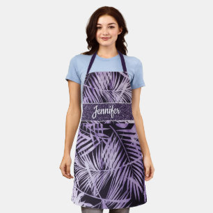 Delantal Hojas tropicales violetas de estilo con nombre
