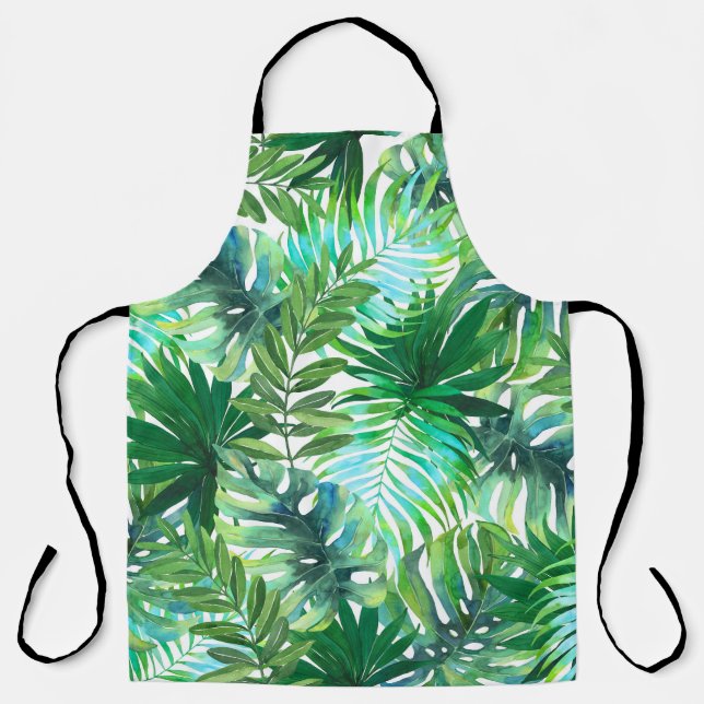 Delantal Hojas verdes tropicales, acuarela sin foco. (Anverso)
