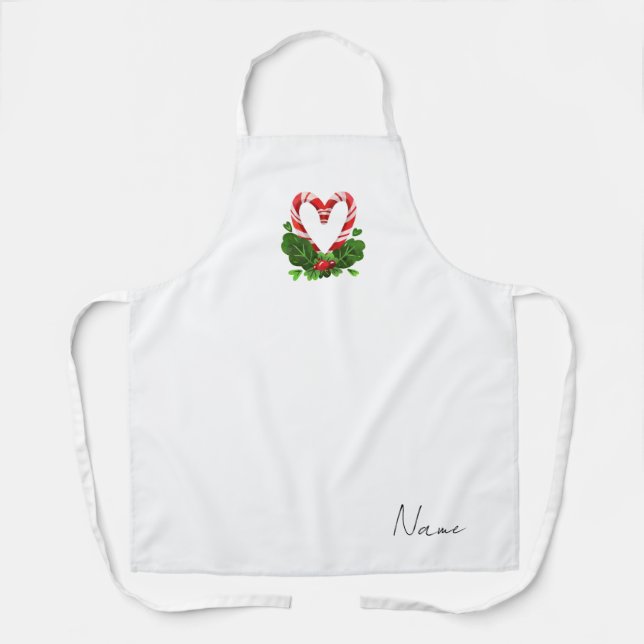 Delantal Holiday Candy Cane Heart Modern Custom Name (Anverso)