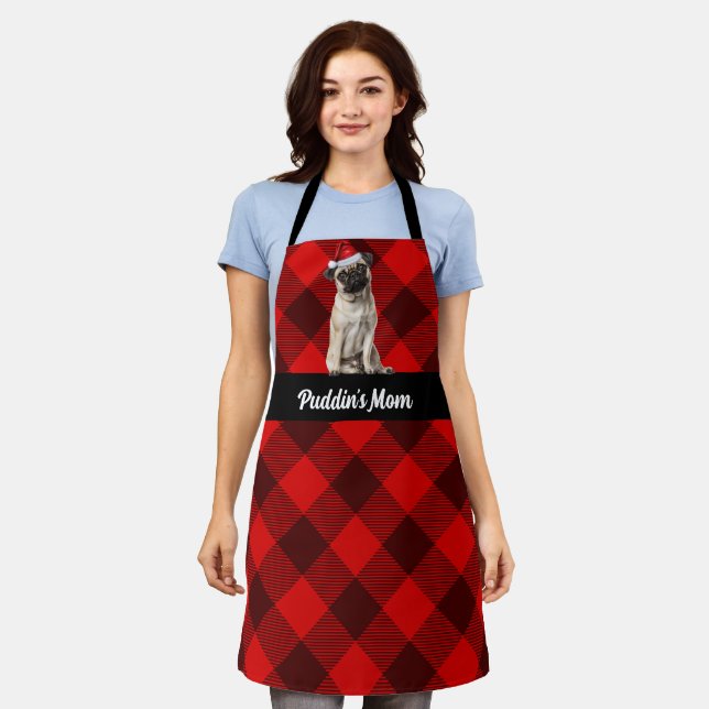 Delantal Holiday Red Buffalo Plaid Pug Santa Dog Christmas (Gastado)