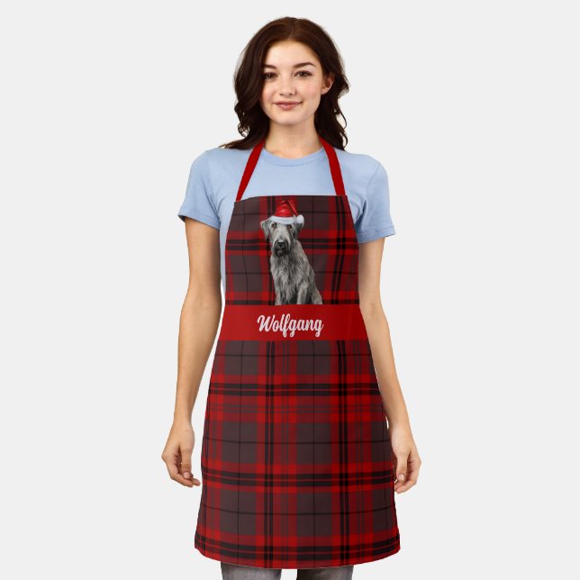 Delantal Holiday Red Plaid Wolfhound Santa Dog Christmas (Gastado)