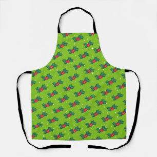 Delantal Holly Berries con nieve y estrellas en verde brill