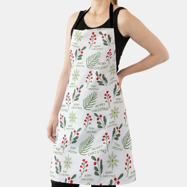 Delantal Holly Berries, hojas, patrón de Navidades de copos (in situ)
