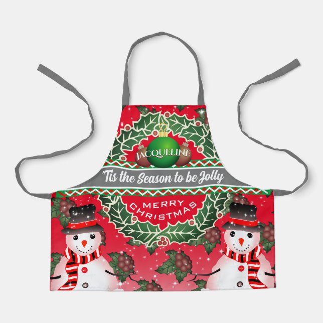 Delantal Hombre de nieve con Holly Berries y TU NOMBRE en R (Anverso)
