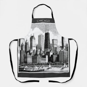 Delantal Horizonte moderno de Chicago en blanco y negro