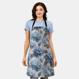 Delantal Hortensia Azul Suave Patrón Floral Gris