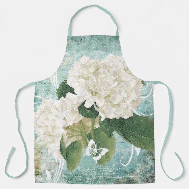 Delantal Hortensia blanca sobre azul (Anverso)