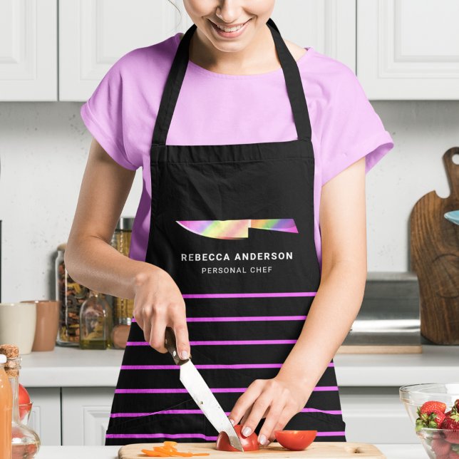 Delantal Hot Pink Stripes Rainbow Chef Knife Personalized (Subido por el creador)