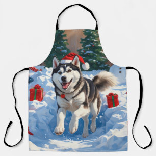 Delantal Husky Siberiano Corriendo en la Nieve con Sombrero