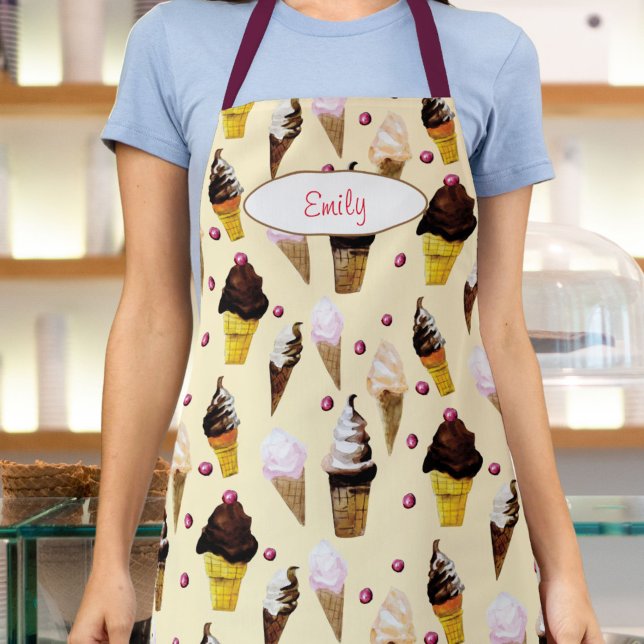 Delantal Ice Cream Parlor Buttercream Yellow Personalized (This retro buttercream ice cream apron features hand-painted art of chocolate and vanilla cones.)