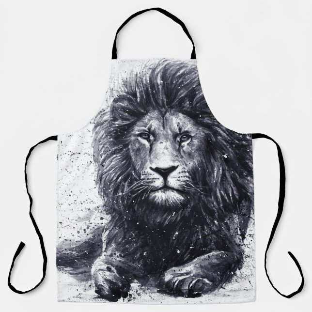 Delantal Ilustracion blanco y negro de león. (Anverso)