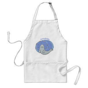 Delantal Ilustracion de foca feliz y personalizado azul de 