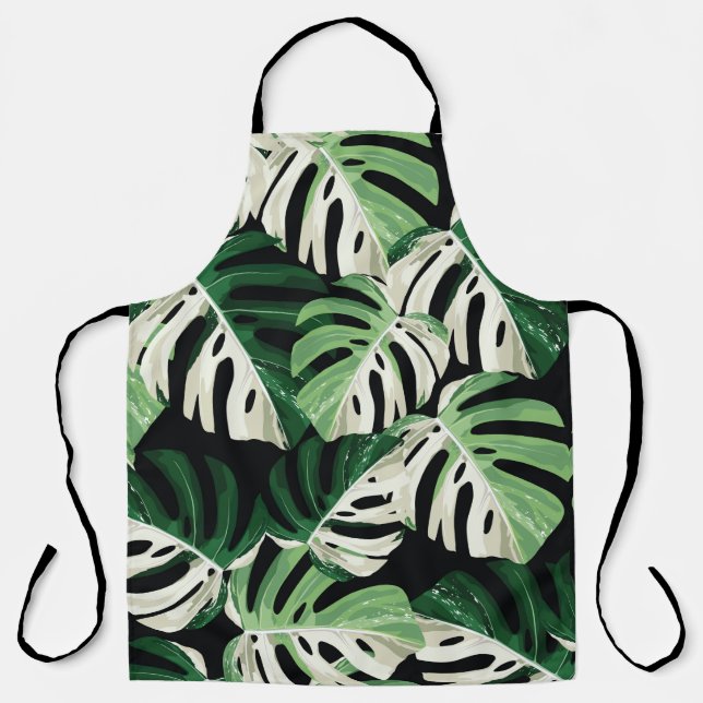 Delantal Ilustracion de hojas de monstera verde tropical. E (Anverso)