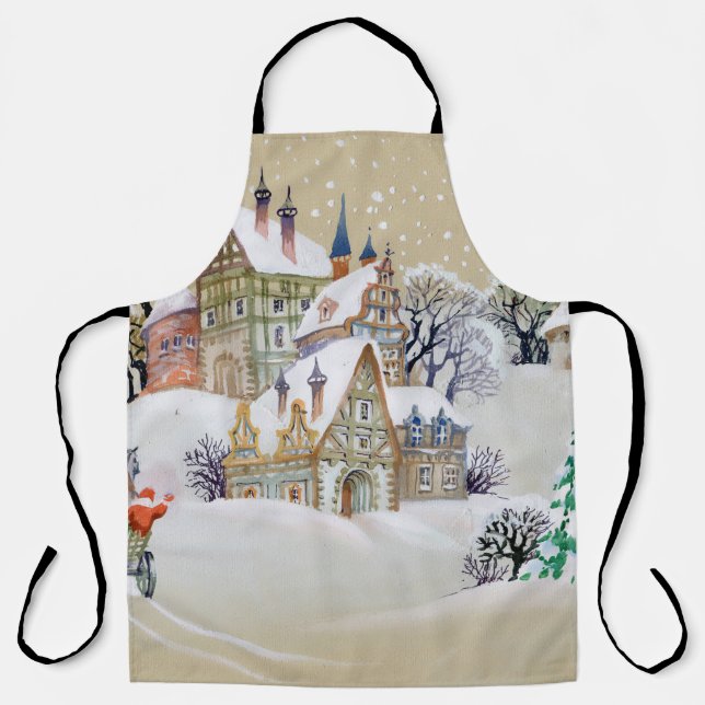 Delantal Ilustracion dibujado a mano con paisaje invernal y (Anverso)