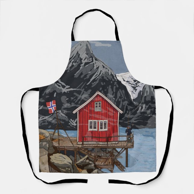 Delantal Ilustracion paisajístico Rorbu Lofoten Bergen (Anverso)