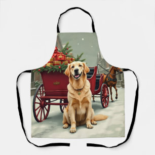 Delantal Ilustración vintage de Golden Retriever en un carr
