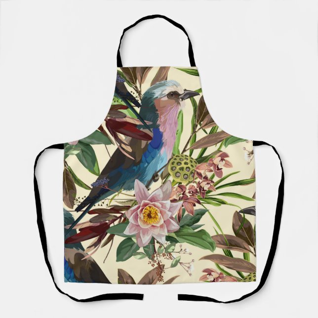 Delantal Ilustraciones de flores, plantas, pájaro tropical. (Anverso)