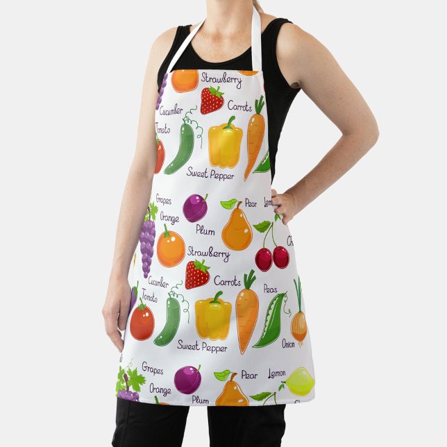 Delantal Ilustraciones vibrantes de frutas y verduras (Size: All-Over Print Apron, Medium 26"x30")
