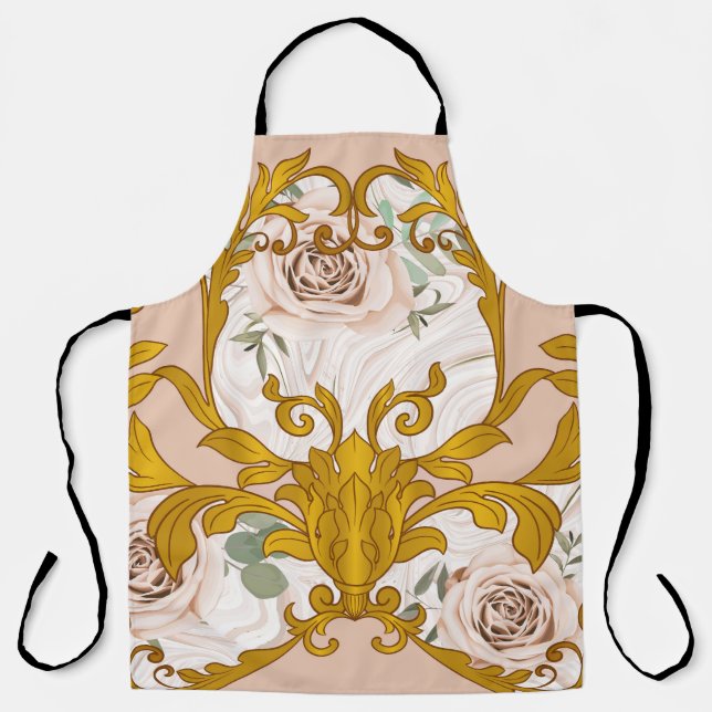 Delantal Impresión barroca floral dorada de rosas (Anverso)
