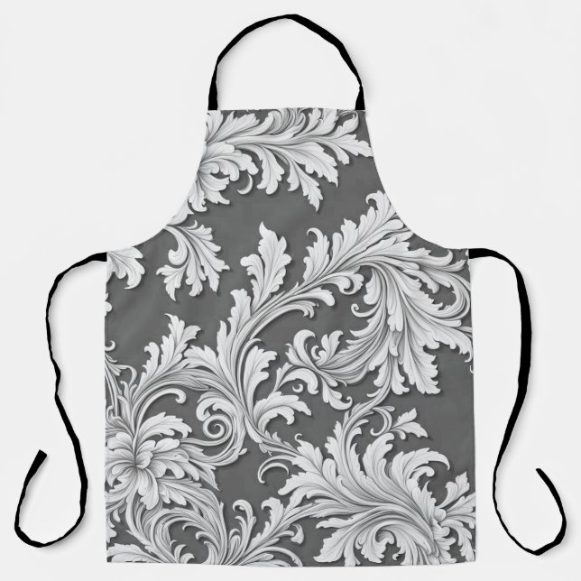 Delantal Impresión completa Apron Damask Negro Gris Blanco (Anverso)