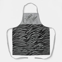 Delantal Impresión de cebra plateada purpurina sobre negro 