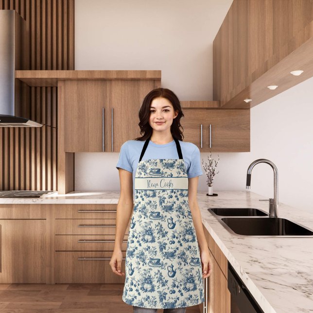 Delantal Impresión de toallas azules de nombre personalizad (Blue toile pattern apron)