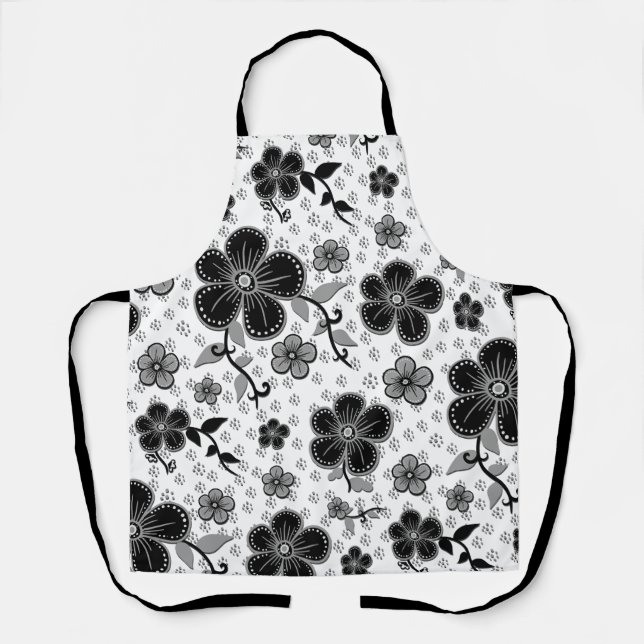 Delantal Impresión floral en blanco y negro (Anverso)