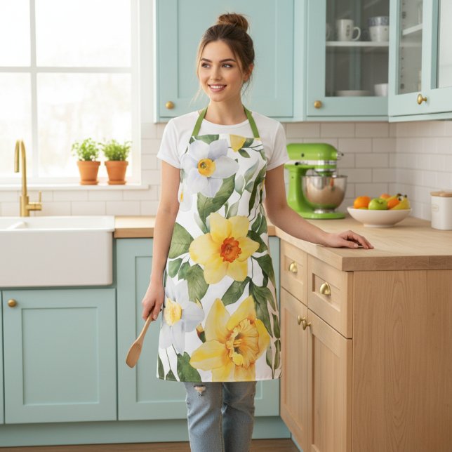 Delantal Impresión floral retro amarilla y blanca (Retro Yellow and White Daffodil Floral Print Apron)