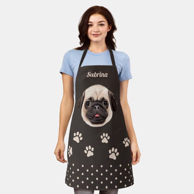 Delantal Impresión personalizada Cute Pug Dog Cara Nombre P (Gastado)