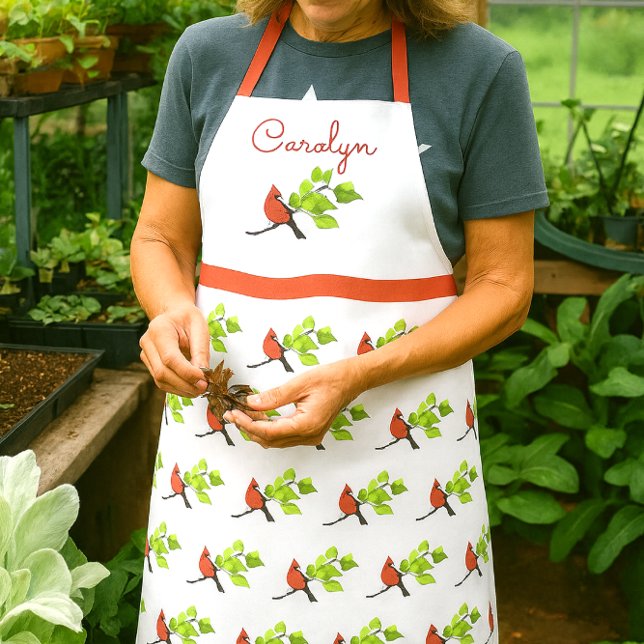 Delantal Impresión personalizada de aves cardinales (Personalized cardinal apron with name  red bird kitchen gift for gardeners, bird lovers, or cooks)