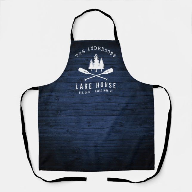 Delantal Impresión Rustic Lake House Boat Oars Trees Blue W (Anverso)