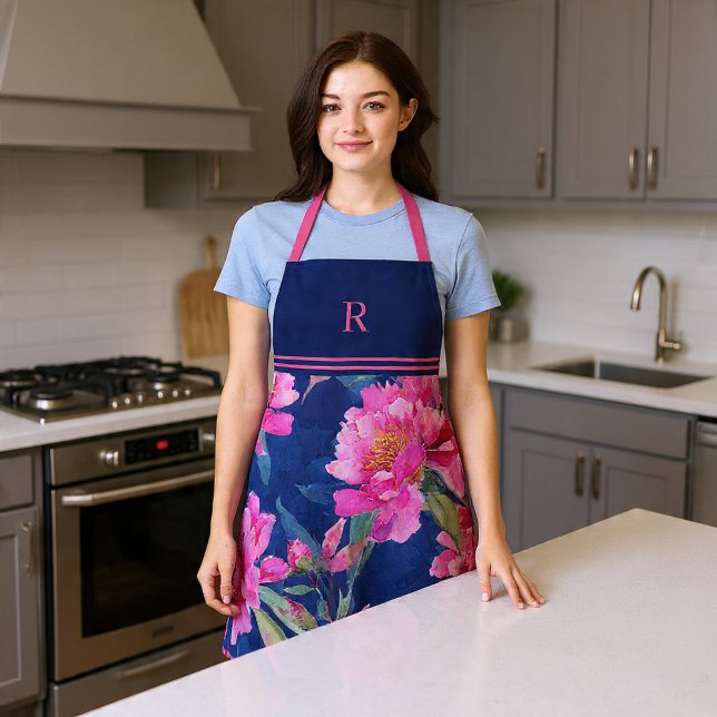 Delantal Impresionante Floral Rosa Monogramado (Stunning Pink Floral Bloom Monogrammed Apron by Ricaso. Watercolor flowers in pink on dark blue
)