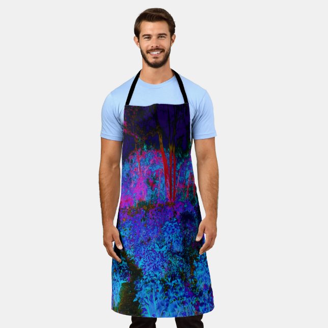 Delantal Impresionante paisaje azul oscuro y jardín rojo (Gastado)