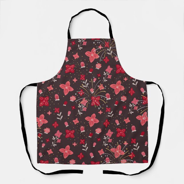 Delantal Imprimir Apron en negro con flores rosas (Anverso)