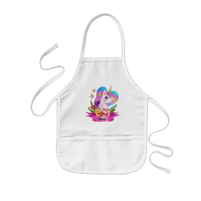 Delantal Infantil Acuarela Cute Unicorn Nombre personalizado (Frente)