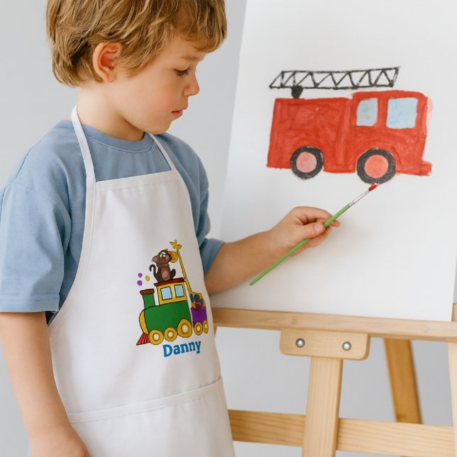 Delantal Infantil Animales del zoológico y tren de juguetes (Personalize Boys apron with name or other text.  This Apron features a choo choo train)