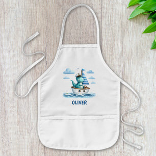 Delantal Infantil Azul personalizado capitán náutico dinosaurio lind