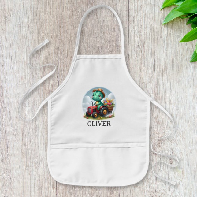 Delantal Infantil Dinosaurio de Trex Cute que conduce un tractor roj (Subido por el creador)