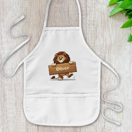 Delantal Infantil León juguetón con placa de nombre de madera