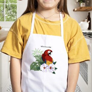 Delantal Infantil Loro Guacamayo Rojo Floral Hibisco Tropical Blanco
