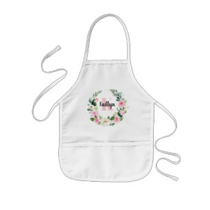 Delantal Infantil Monograma y nombre de color de agua floral rosa