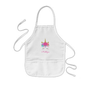 Delantal Infantil Nombre personalizado de Unicorn Face Gold Purpurin
