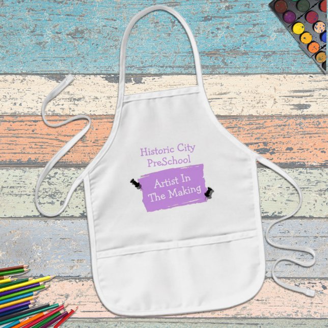 Delantal Infantil Pintura de papel violeta de artista de preescolar  (Time for some fun? Personalize this apron for a gift or a school or child care business accessory.)