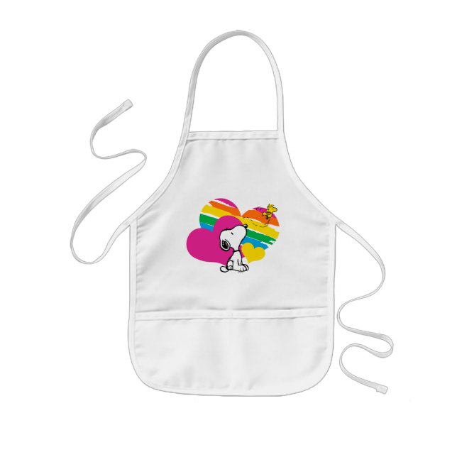 Delantal Infantil Snoopy y Woodstock | Corazones arcoiris (Frente)