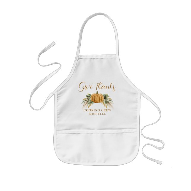 Delantal Infantil Thanksgiving Pumpkin Give Thanks Cooking Crew Name (Frente)