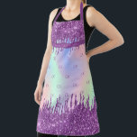 Delantal Iniciales de monograma holográfico rosa purpurina<br><div class="desc">Un fondo holográfico de color arcoiris y unicornio. Decorado con goteos en purpurina rosado y violeta,  con pinturas que gotean. Personaliza y agrega tu propio texto e iniciales de monograma,  letras moradas. Su monograma como patrón de fondo.</div>
