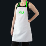 Delantal Iniciales de monograma personalizado moderno blanc<br><div class="desc">Moderno personalizado monograma iniciales Apron blanco neón verde. letras verde neón,  fondo blanco. puedes elegir tu color correa gran regalo para mamá,  papá,  amigos y tú mismo! Diseño moderno,  minimalista,  sencillo y elegante. Excelente para cocineros,  chefs,  cerámica,  artesanía,  trabajo,  cocina,  horneado,  barbacoa,  parrilladas,  comercios y tiendas,  etc.</div>